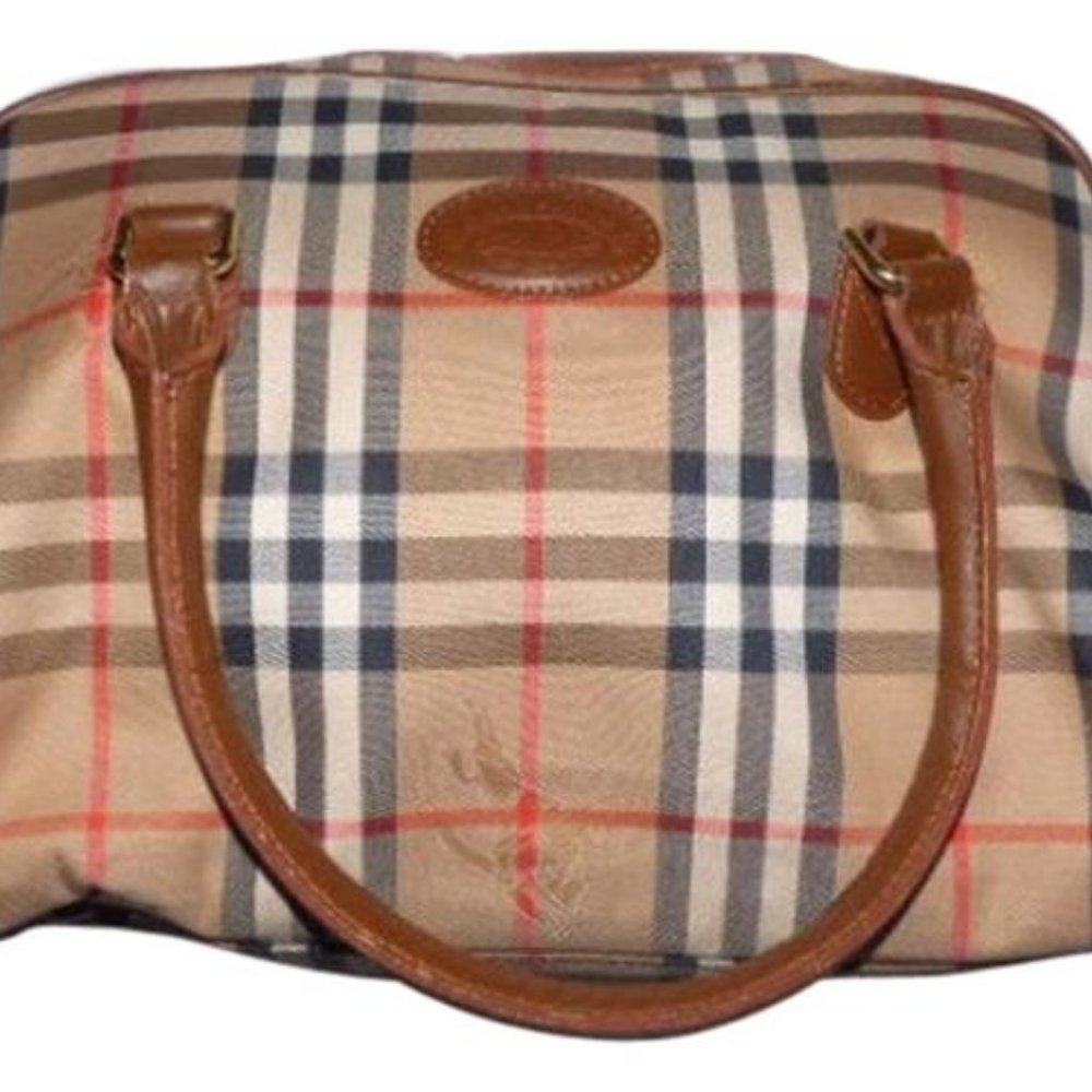 Burberry Vintage Camel Leather Nova Check Plaid Fabric Satchel - Picture 2 of 8